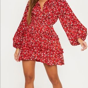 Red Floral Print Flared Shirtdress